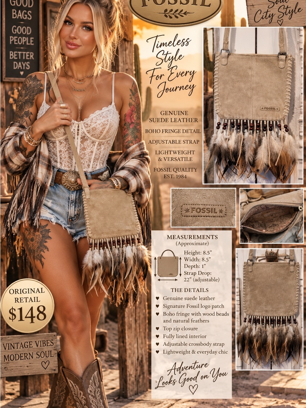 Fossil Vintage Y2K Suede Feather & Beaded Boho Crossbody Bag 🤎